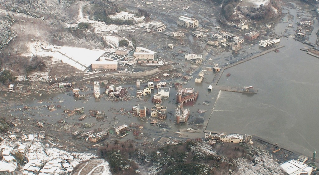 Scene of the town of Onagawa, 18 hours after the 2011 East Japan Tsunami event (photo by Satake).